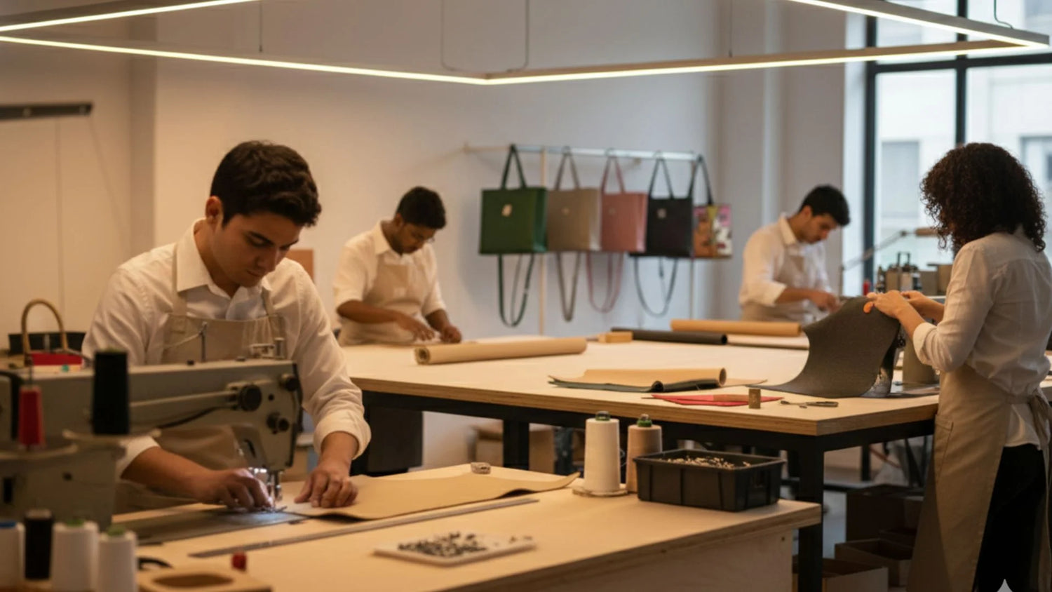 Workers in a workshop setting with sewing machines and materials.