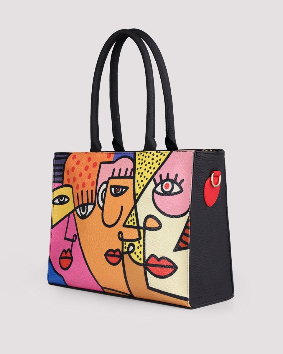 Vegan transport tote stylish FETTI Faces tote bag angled product view
