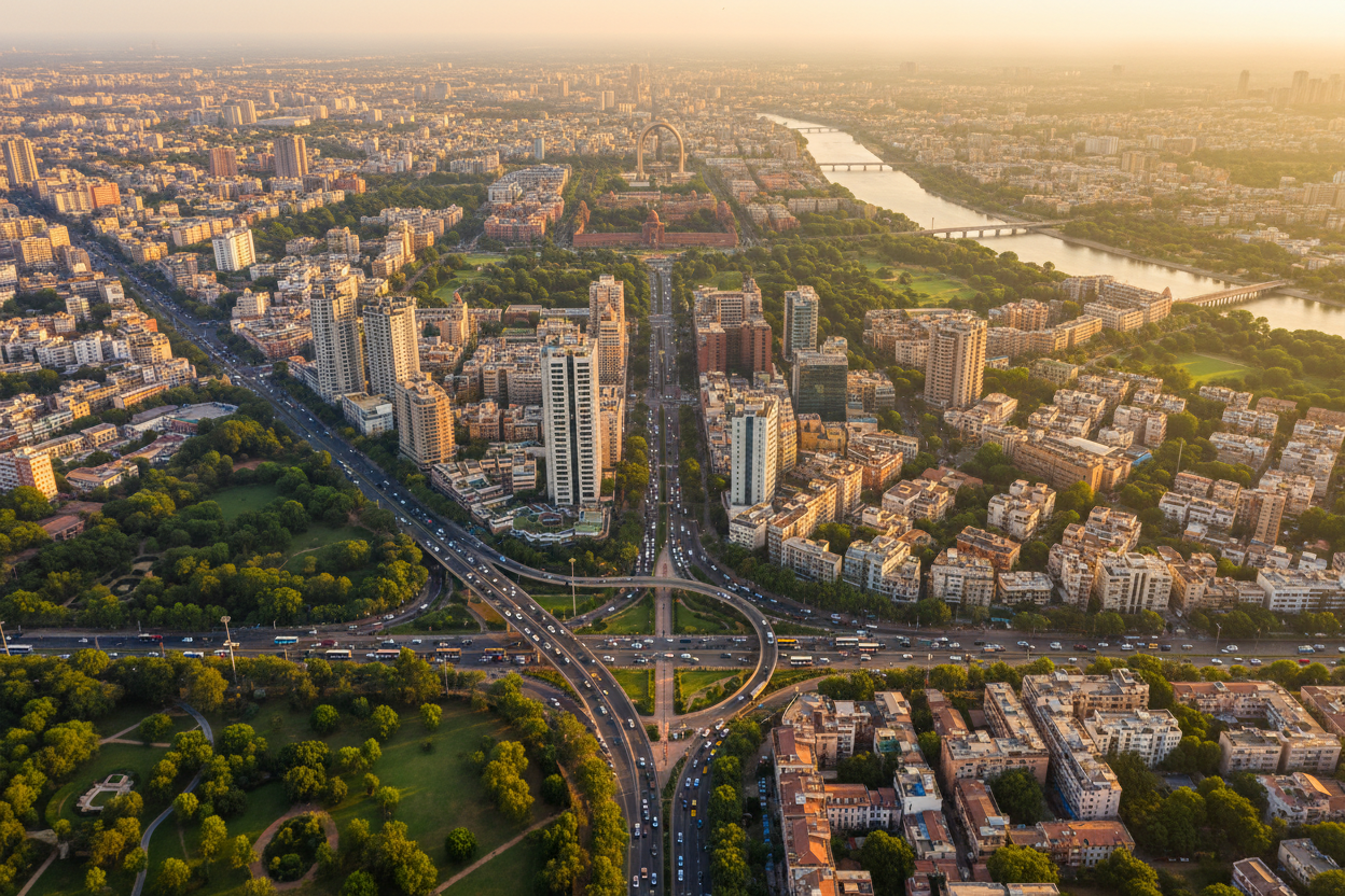 generate an aerial view of the city of delhi, in a landscape ratio.