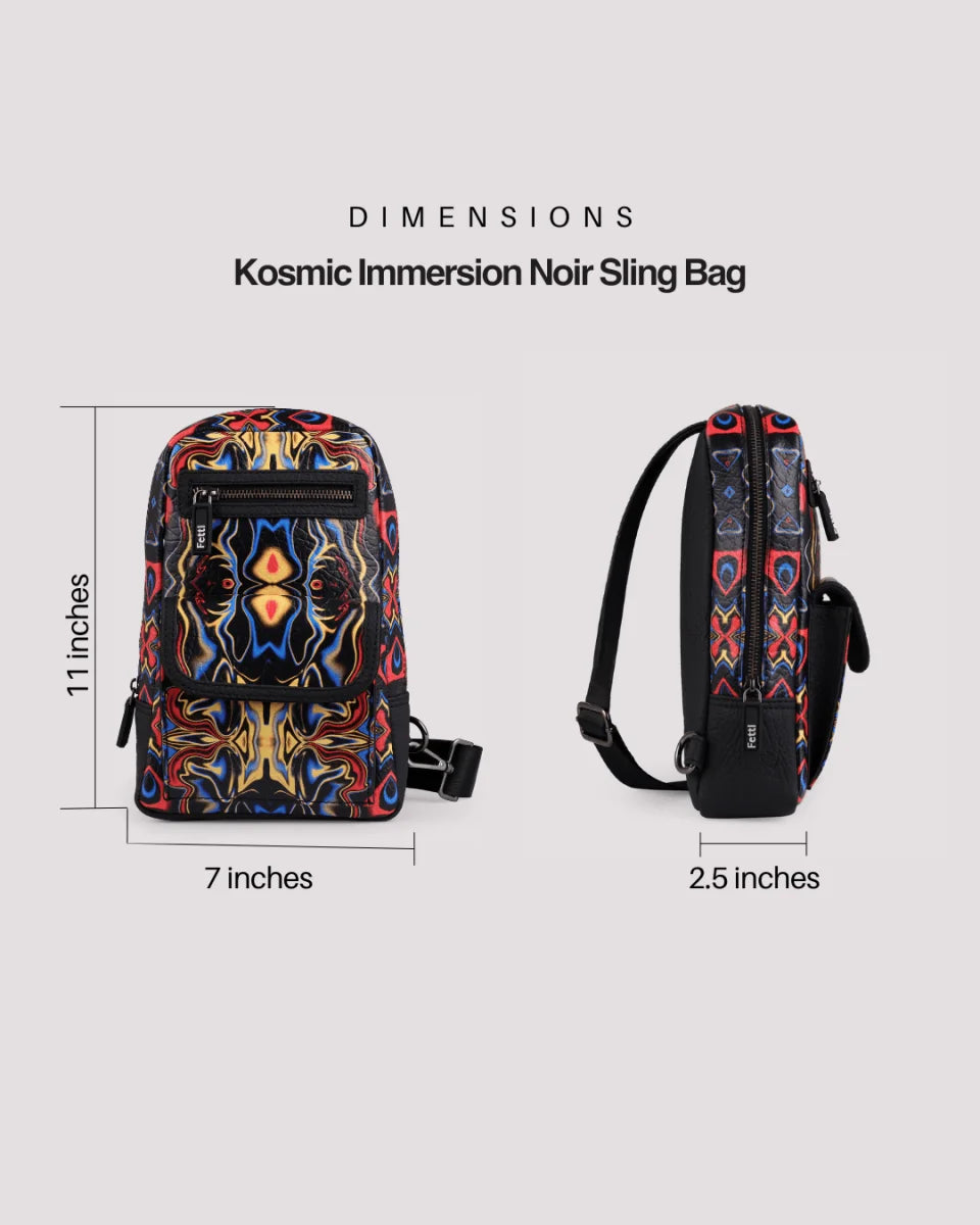 Kosmic Immersion Noir Sling Bag with dimensions on a light gray background.