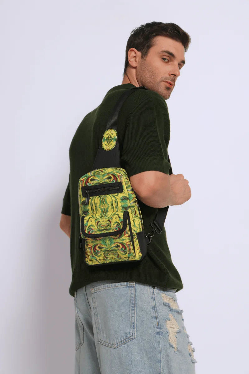 Man wearing a stylish travel sling bag outdoors on a white background