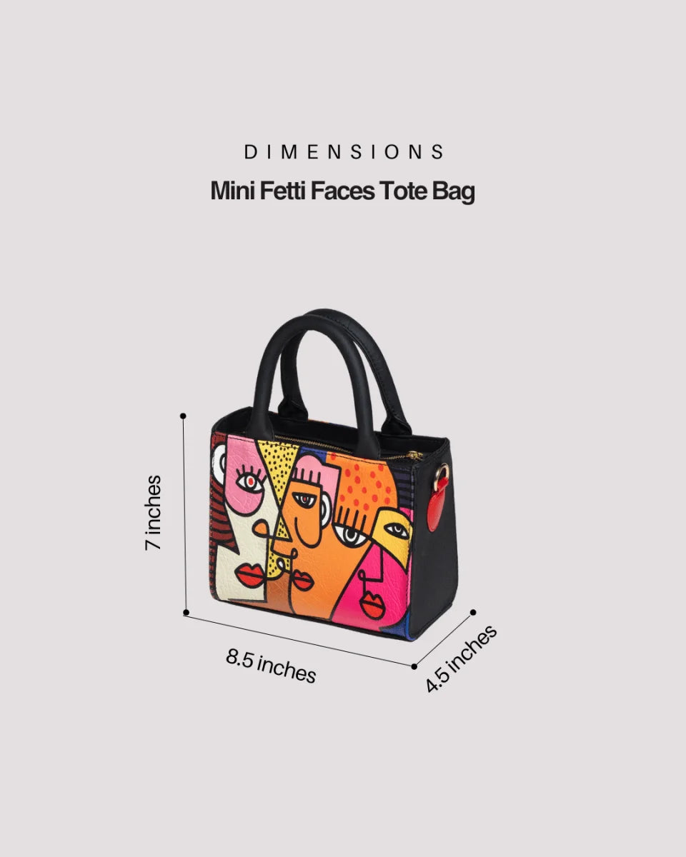 Mini Fetti Faces Tote Bag with dimensions on a light gray background