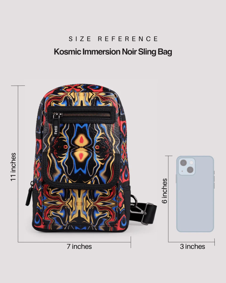 Colorful men’s sling bag with an iPhone size reference on a light gray background.