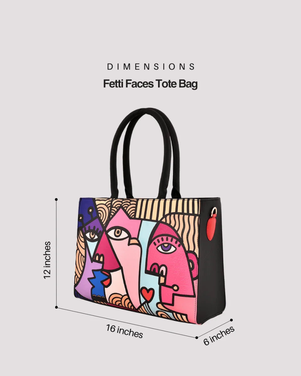 Fetti Faces Tote Bag with dimensions on a gray background