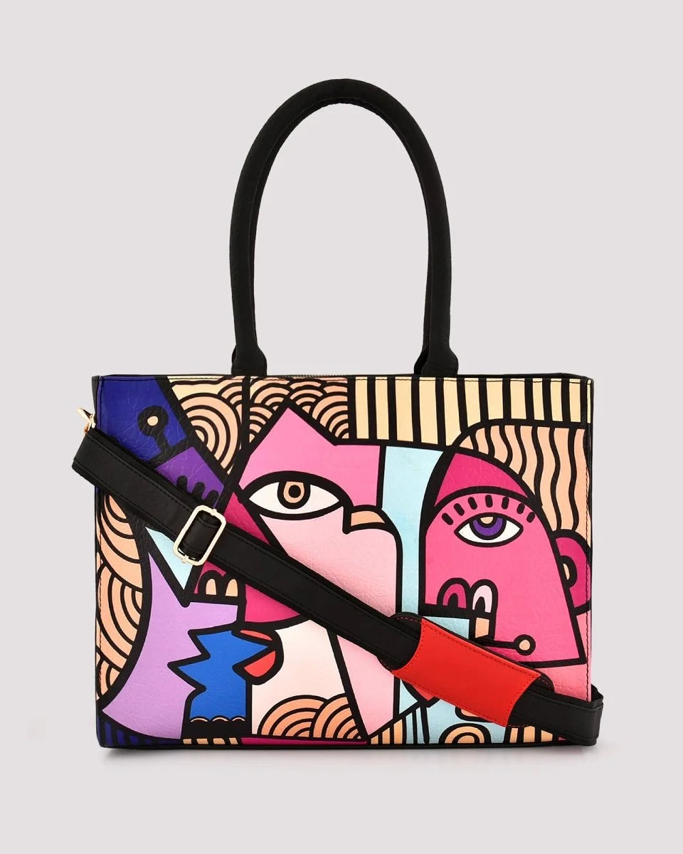 Detail of sturdy shoulder handles on pink tote bag